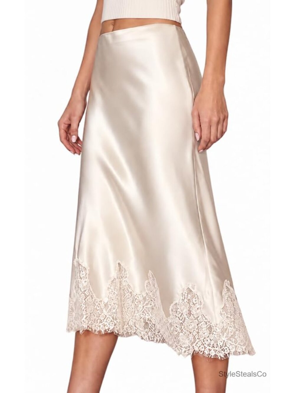 Satin Midi Skirt with Lace Trim High Waist A-Line Flowy